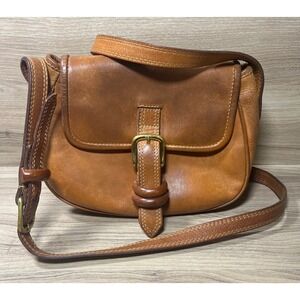 Vintage Fossil Cognac Brown Leather Crossbody Saddle Bag Solid Brass Buckles